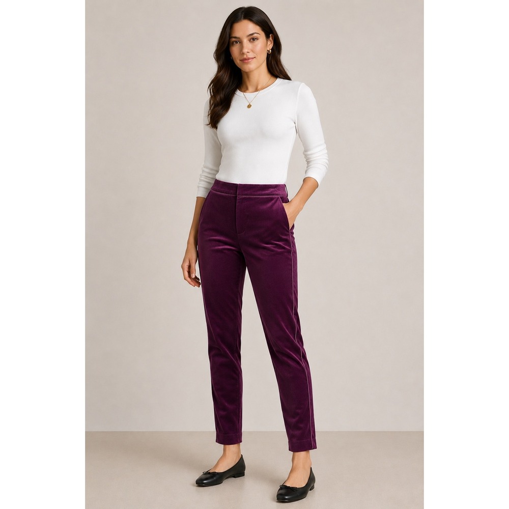 Trina Turk Velvet Slim Ankle Pants Womens 00 Plum Purple Satin Piping Party Pant